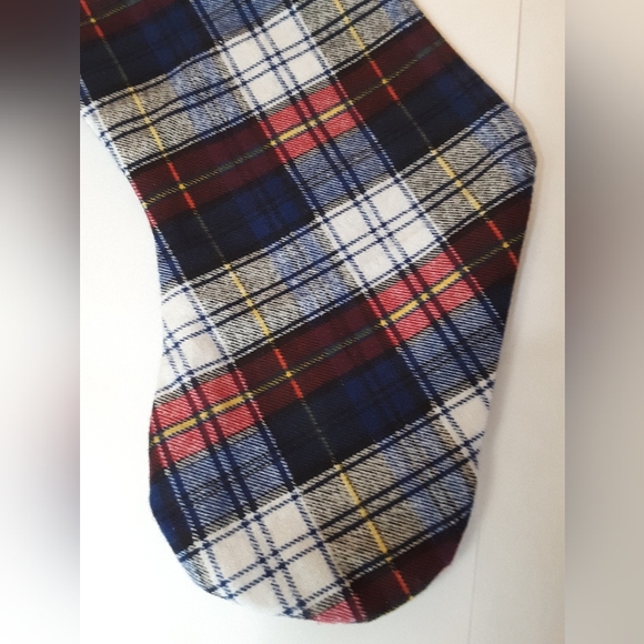 Christmas stocking. Fringed. Blue red white plaid. - Picture 3 of 3